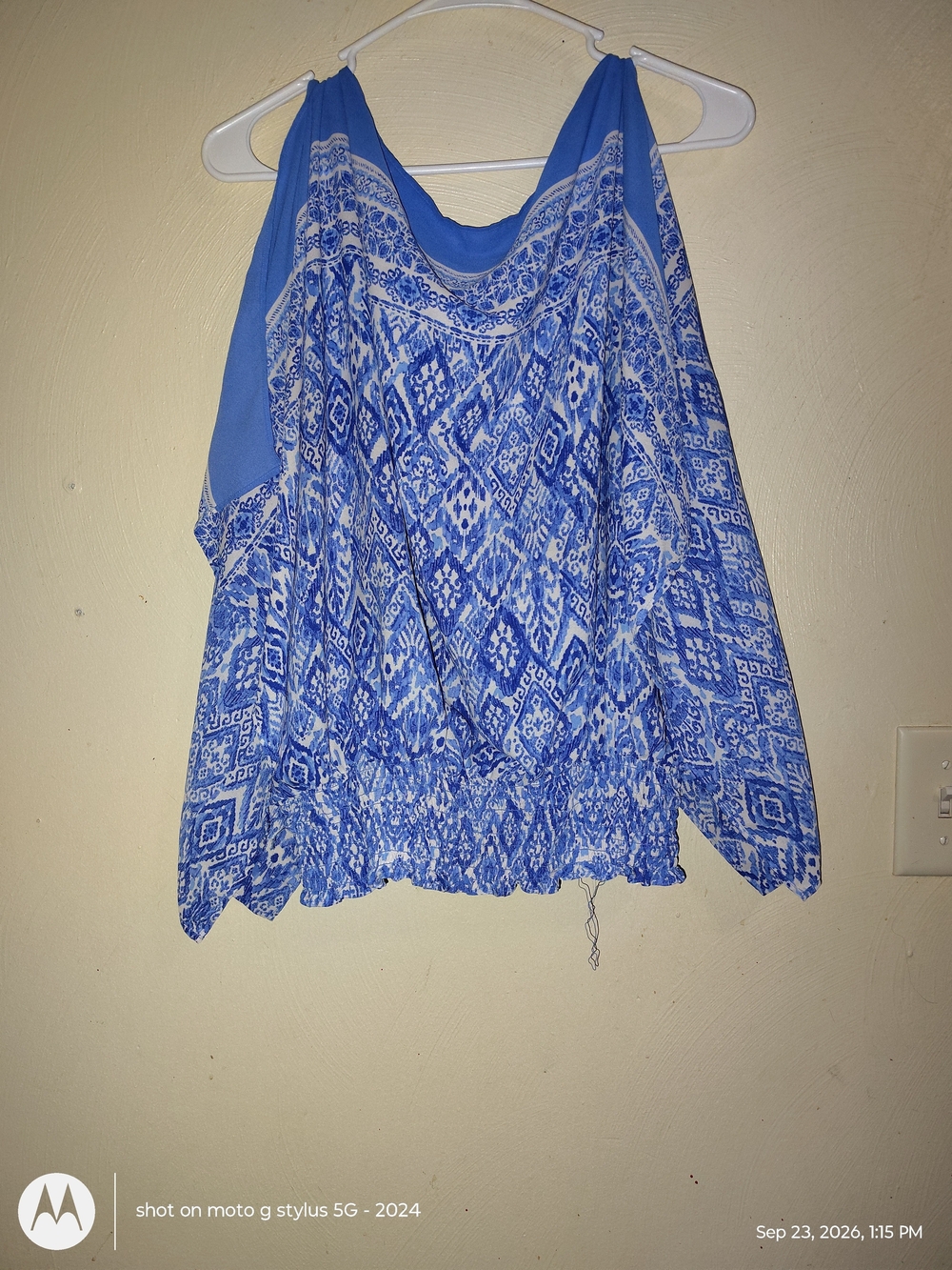 Cato Blue and White Printed Off-Shoulder Blouse